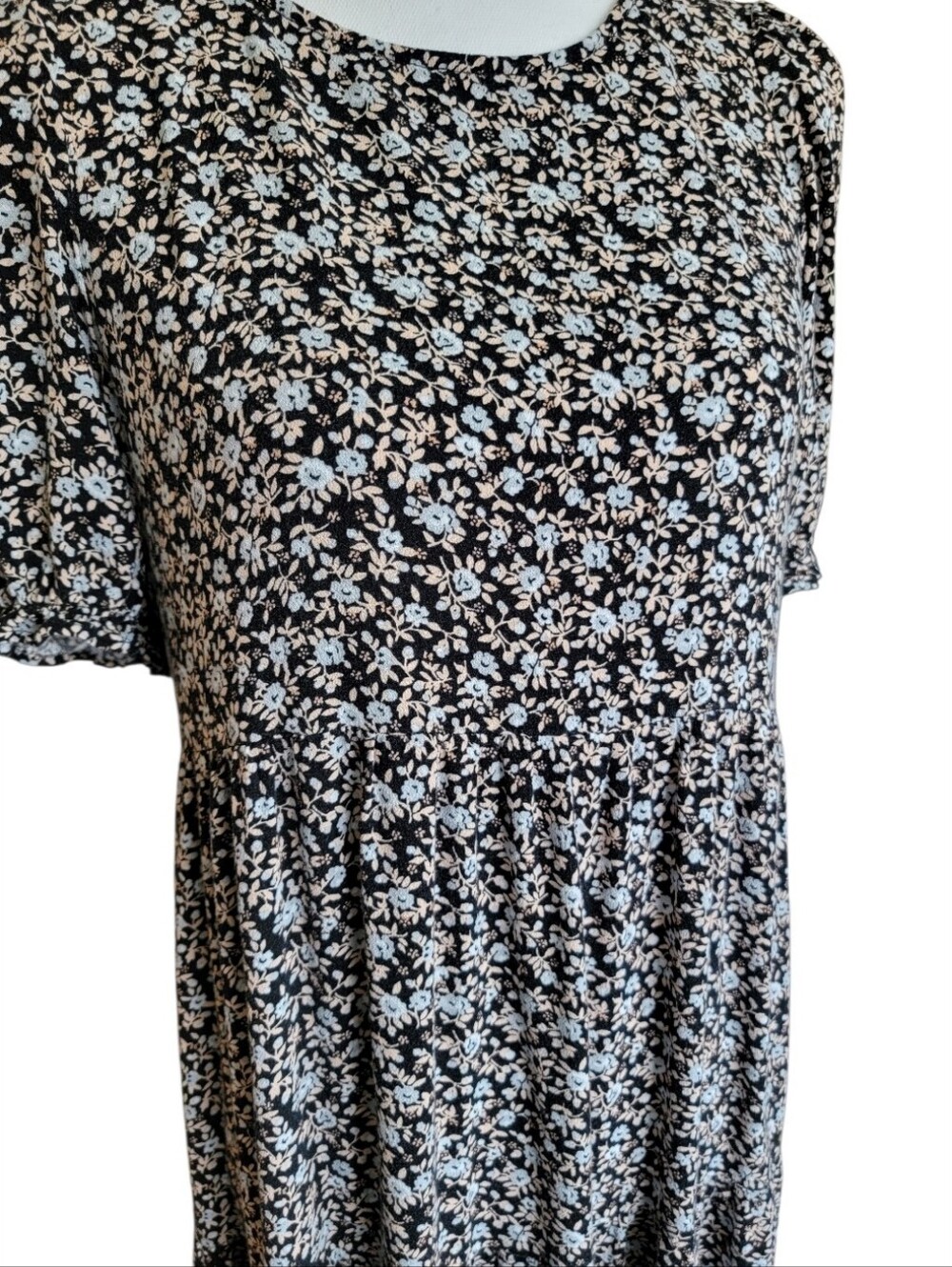 Aerie Garden Party Tiered Midi Dress - Black Floral Short Sleeve - Picture 3 of 11